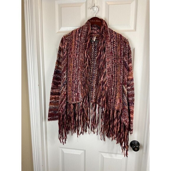 Free People Birkenstock Red Cardigan S Boho Chunky Fringe Wool Alpaca Sweater N3 - Picture 11 of 12